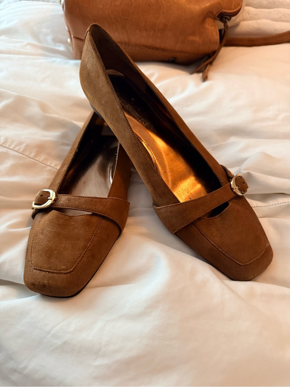 Enzo Angiolini Brown Suede Mary Jane Flats with Gold Buckle no tags no box